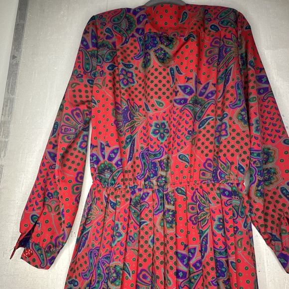 Vintage Serben Red Paisley Print Modest Long Sleeve Dress | Size: 12 - Picture 13 of 15